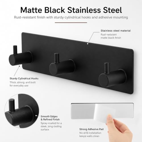 Adhesive Wall Mount Key Holder with 3 Hooks - No Drill, Rust-Resistant Stainless Steel Organizer