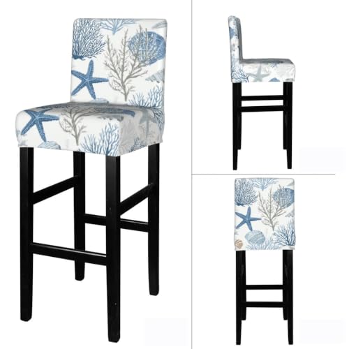 Coastal Starfish Seashell Cora Bar Stool Covers Set of 4 - Elastic Chair Protectors