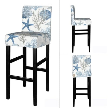 Coastal Starfish Seashell Cora Bar Stool Covers Set of 4 - Elastic Chair Protectors