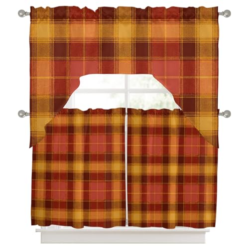 Burgundy & Warm Ochre Plaid Kitchen Curtains Set - 3 Piece Farmhouse Swag & Tier
