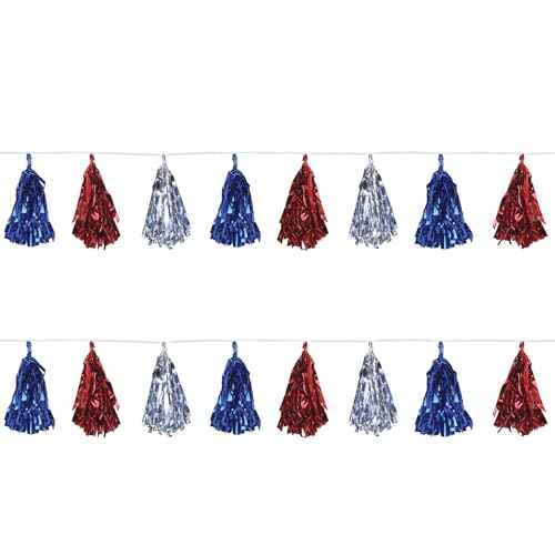 Beistle Beistle , 2 Piece Metallic Tassel Garlands, 9.75" x 8', 9.75" x 8', Red/Silver/Blue