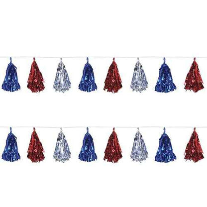 Beistle Beistle , 2 Piece Metallic Tassel Garlands, 9.75" x 8', 9.75" x 8', Red/Silver/Blue