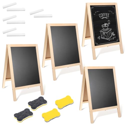 4 Pack Small Double-Sided Chalkboard Signs 15.7 x 9.8 Inch Rustic Easel Set