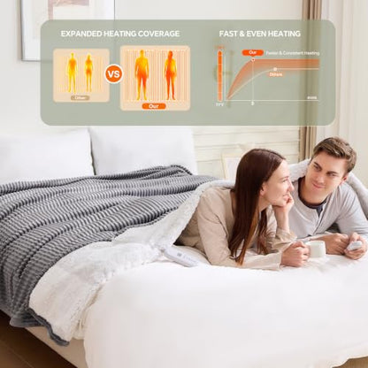Queen Size Dual Control Electric Heated Blanket - 84x90 Grey - Separate Heat Zones