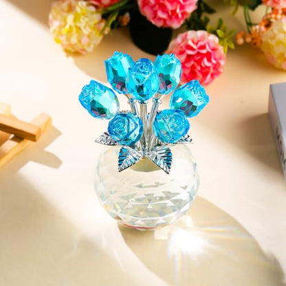 Crystal Lake Blue Rose Figurine with Vase - Romantic Glass Flower Gift for Women