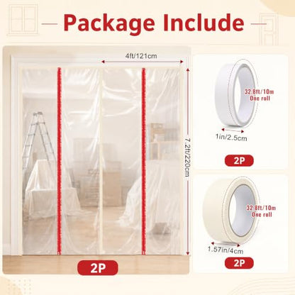 Clear Zipper Door Dust Barrier Kit with Painter's Tape & Double-Side Tape - Reusable