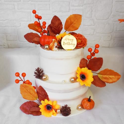 Fall Cake Topper Set with Autumn Flowers and Decorations - 26 Pieces