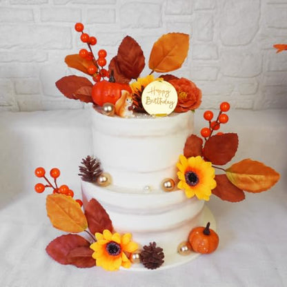 Fall Cake Topper Set with Autumn Flowers and Decorations - 26 Pieces