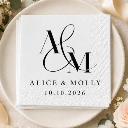 Personalized Wedding Cocktail Napkins Design 8 - Custom Couple Name & Date, Pack 50-500