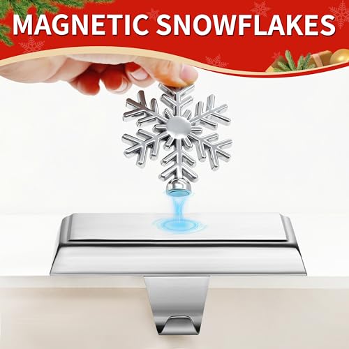 Silver Metal Christmas Stocking Holders Set of 4 - Heavy Duty Snowflake Mantle Decor