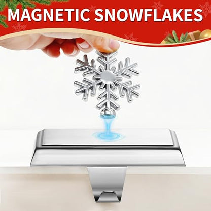 Silver Metal Christmas Stocking Holders Set of 4 - Heavy Duty Snowflake Mantle Decor