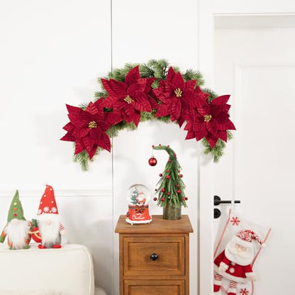 Artificial Velvet Poinsettia Flowers Clip On Christmas Decorations - Red, 9.8 Inch, 10 pcs
