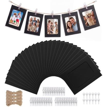 35 Pack Black Paper Photo Frames 4x6 with Clips, String & Nails
