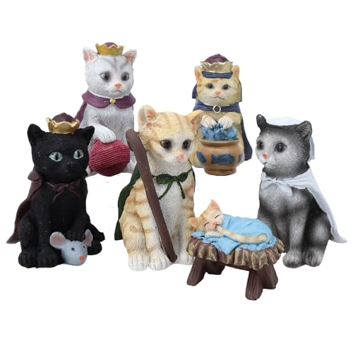 Cat Nativity Set - Festive Kitten Figurines for Christmas Centerpiece, 6 Pieces Up to 3.75 Inches