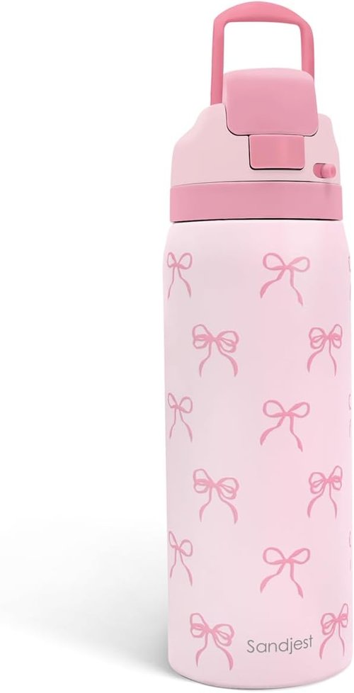 Bow Insulated Stainless Steel Water Bottle - 32oz with Straw for Sports & Travel | Pink Gift for Women & Teens