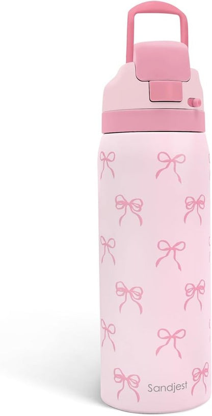 Bow Insulated Stainless Steel Water Bottle - 32oz with Straw for Sports & Travel | Pink Gift for Women & Teens