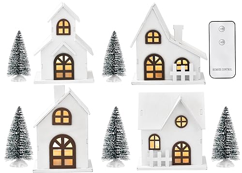 9pcs Christmas Village Set with LED Lighted Houses & Frosted Trees - Winter Holiday Decor