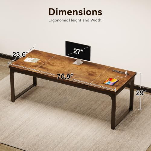 Long Computer Desk with Power Outlet - Rustic Brown, 71 Inch Heavy Duty Office & Gaming Table