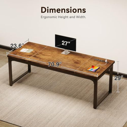Long Computer Desk with Power Outlet - Rustic Brown, 71 Inch Heavy Duty Office & Gaming Table