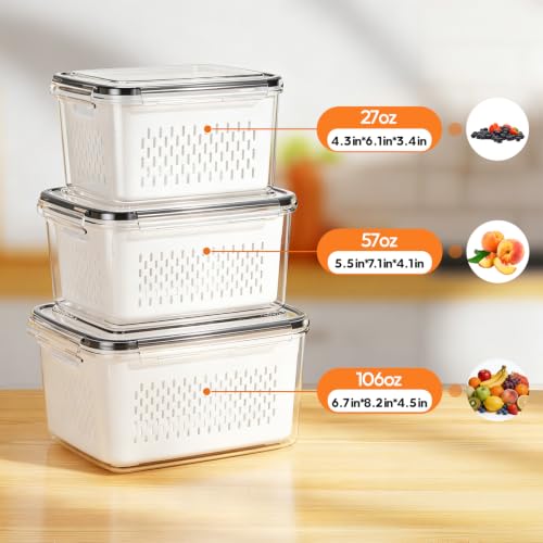 Clear Fruit Storage Containers for Fridge - 3 Pack with Airtight Seal