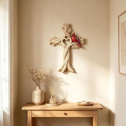 Hand-Carved Wood Garden Decor with Heart Tree and Cardinal
