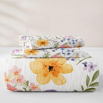 Feelyou Blossom Flowers Pattern Quilt Set Twin Size with Pillowcase - White Red