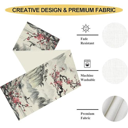Japanese Table Runner - Ink Painting Plum Cherry Blossom Landscape, Rustic Asian Design, 13x36 Inches - Variation of THIS listing