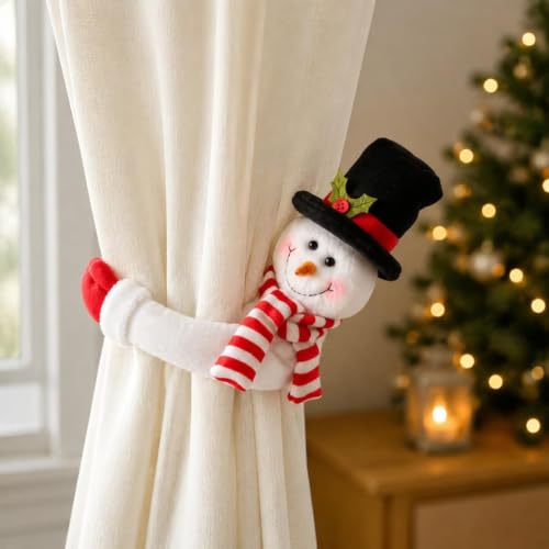Christmas Curtain Tiebacks Set - Black Santa & Snowman Plush Holdbacks