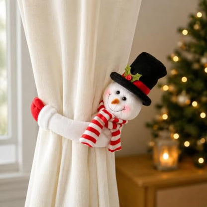 Christmas Curtain Tiebacks Set - Black Santa & Snowman Plush Holdbacks