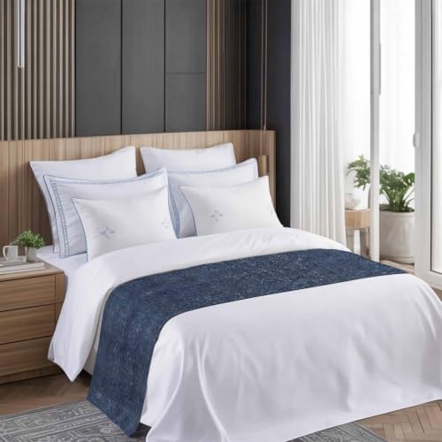 Twin Size Indigo Blue Bed Runner - Farmhouse Decorative Throw for Foot of Bed, 71 x 20 Inches
