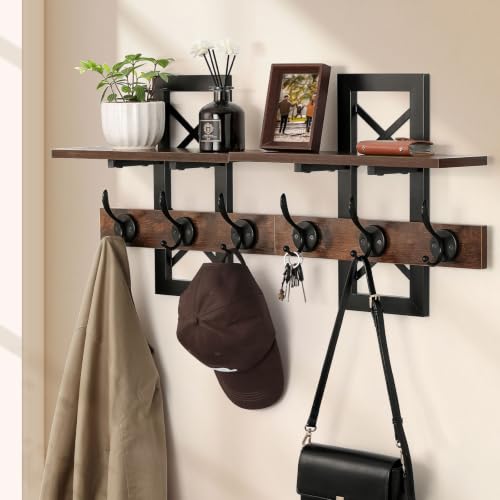 Brown Wall Mounted Coat Rack with Shelf and Dual Hooks - Rustic Entryway Organizer