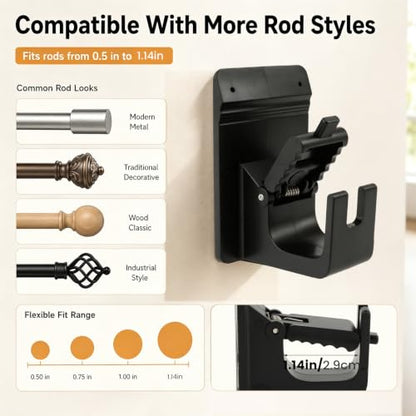 4 Pack No Drill Curtain Rod Brackets with Adhesive & Nails, Heavy Duty Support up to 17.6 lb - Black, Universal Fit - Variation 4