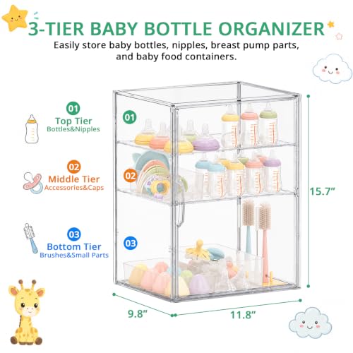 X-Large Baby Bottle Storage Organizer 3 Tiers Adjustable with Magnetic Door