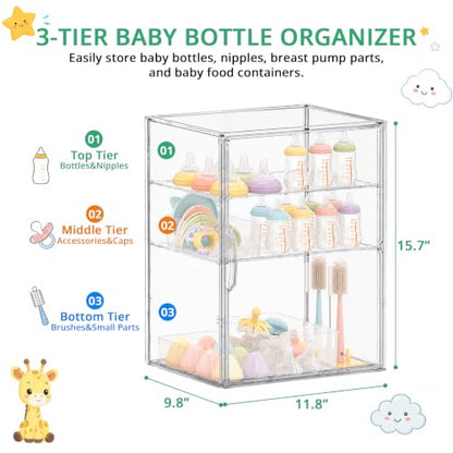 X-Large Baby Bottle Storage Organizer 3 Tiers Adjustable with Magnetic Door