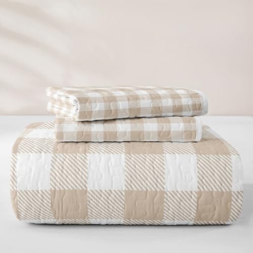 Khaki White Plaid Quilt Set Queen Size with Pillowcases - All Season Bed Coverlet