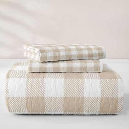 Khaki White Plaid Quilt Set Queen Size with Pillowcases - All Season Bed Coverlet