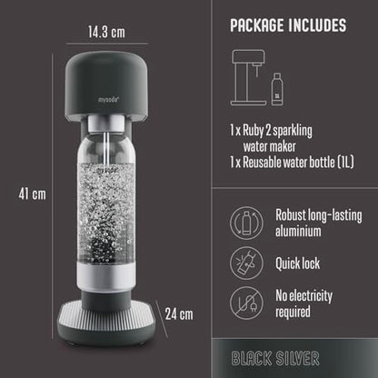 MySoda Ruby 2 Soda Streaming Machine Black Silver - Compact Home Carbonator