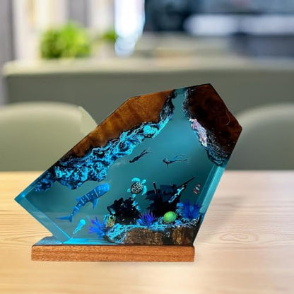 Resin Ocean Night Light - 6x4in Epoxy Bedside Lamp with Underwater Scene - Diver & Marine Decor