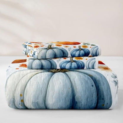 Pumpkin Thanksgiving Quilted Bedspread Set - Blue Yellow Green Full Size