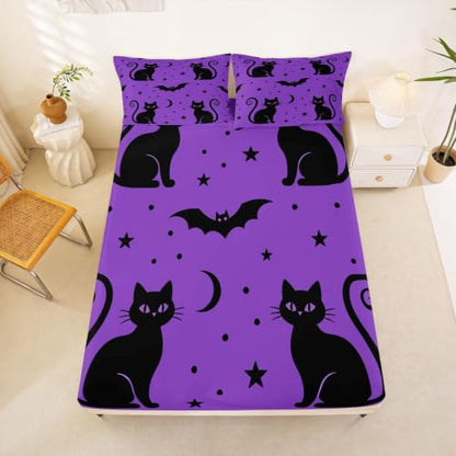 Halloween Black Cat Moon Fitted Sheet Queen Size with 2 Pillowcases - Spooky Bedding Set