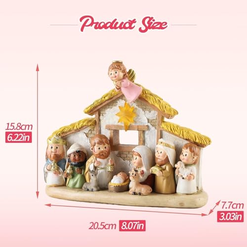 Nativity Scene Set with Praying Angel and LED Lights - 8 Inch Holy Family Statue with Multicolor Stable Variation