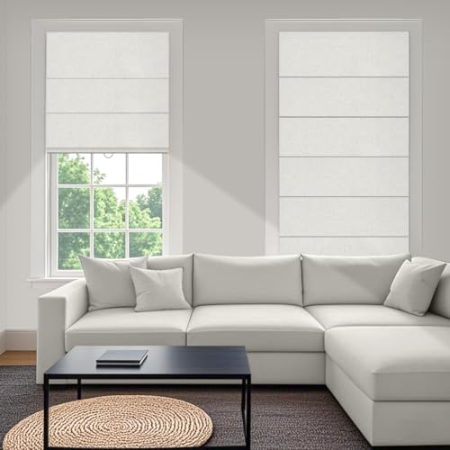 No Drill Linen Roman Shades - Custom Size, Light Filtering, Beige White B