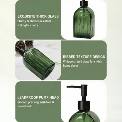 Green Glass Bathroom Accessories Set with Soap Dispenser and Toothbrush Holders - 4 Piece