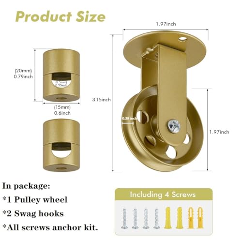 Gold Pulley Wheel for Pendant Lights & Ceiling Fans, Swag Hook Kit