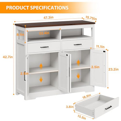 Knoworld White Farmhouse Sideboard Buffet Cabinet with Storage & Shelves - 47"