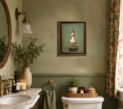 Funny Bathroom Duck Wall Art Canvas - Gold Frame, 9x11 inches, Goose Variation