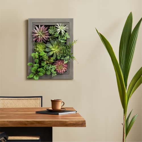 Nattol Hanging Wall Artificial Plants 3D Artificial Succulent Plants Wall Hanging Plants with Rectangle Wooden Frames Faux Plants Greenery for Indoor Wall Decor