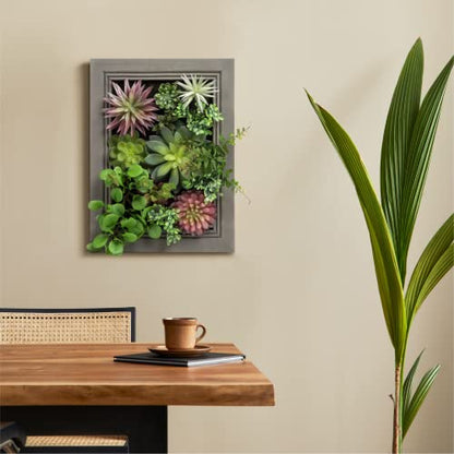 Nattol Hanging Wall Artificial Plants 3D Artificial Succulent Plants Wall Hanging Plants with Rectangle Wooden Frames Faux Plants Greenery for Indoor Wall Decor
