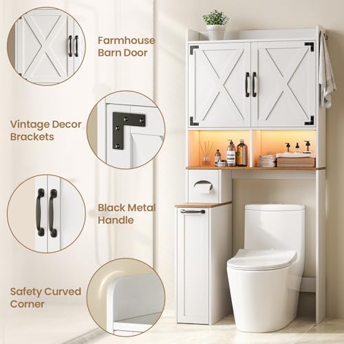 Over the Toilet Storage Cabinet with LED Lights - White Farmhouse Bathroom Organizer