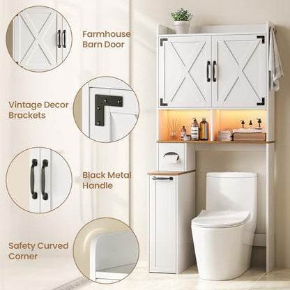 Over the Toilet Storage Cabinet with LED Lights - White Farmhouse Bathroom Organizer